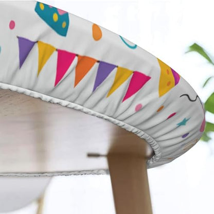 Famame Happy Birthday Hat Banner Round Fitted Tablecloth with Elastic Protector Table Kitchen Dinner Waterproof Oil-Proof Table Covers Fits 40"-44", Small - color: Happy Birthday Hat Banner, size: Small (40"-44")