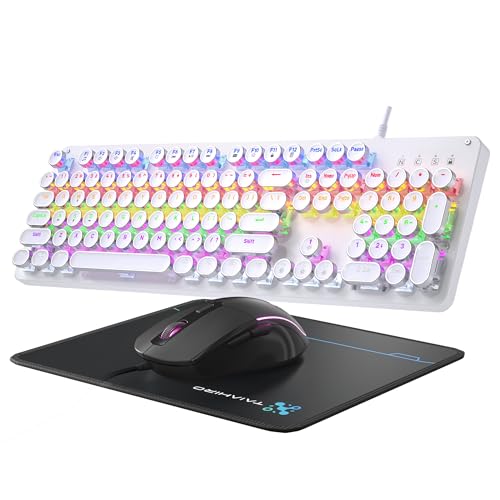 Typewriter Mechanical Gaming Keyboard and Mouse, 104-Key Full Size Retro Keyboards Metal Panel Punk Round Keycap Clicky Blue Switch with RGB Backlit Mouse and Pad Combo for PC Laptop Mac Gamer, White - color: White