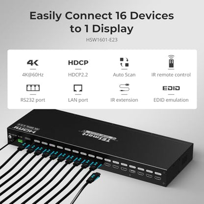 TESmart 16×1 HDMI Switch 16 in 1 Out 4K HDMI Switcher with IR Remote 4K@60hz 16 Port HDMI Switch Box HDCP 2.2,Auto Switch,19-inch Rack-Ears Mount,LAN Port Control,Auto Scan Switch - style: HDMI Switch 16 ports 4K@60Hz