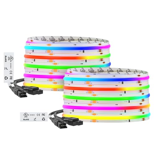 BTF-LIGHTING 32.8FT WS2811 Smart IC RGB DC24V FCOB COB LED Strip Light | UL Listed 630LEDs/m High Density Color Chasing Light 10mm Width for Home Party DIY Lighting(No Adapter or Controller) - color: White PCB, size: 32.8FT