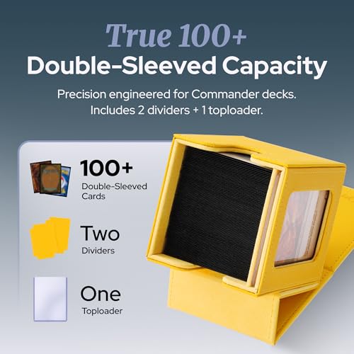 Commander Deck Box MTG 100 Card Holder with Display Window Yellow | PU leather, 4 N52 magnets, fits 100 double-sleeved cards, display window, durable, portable, secure closure - color: Yellow, size: 110+