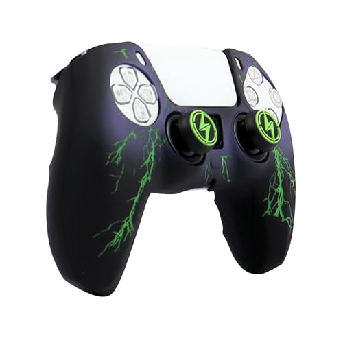 RALAN Lightning Controller Skin Silicone for PS5, Non-Slip Grip Cover Protector Compatible with PlayStation 5 Controllers with 2 Thumb Grip Caps - color: Black Green lightning