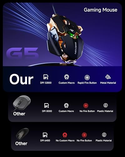 EWEADN G5 Wired Gaming Mouse with Adjustable Tail, 12800 DPI Programmable Computer Mouse with RGB Backlit, 9 Macro Buttons, Rapid Fire Key & Aluminum Base Ergonomic PC Mice for Laptop, PC-Black&Gold - color: Black&Gold