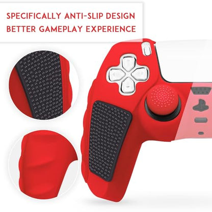 SIKEMAY Anti-Slip PS5 Controller Skin, Soft Thicken Non-Slip Studded Silicone Gel Grip Protective Cover Case for PlayStation 5 Controller Grip, 2 Pack with 8 x Thumb Grip Caps - color: Red-Black