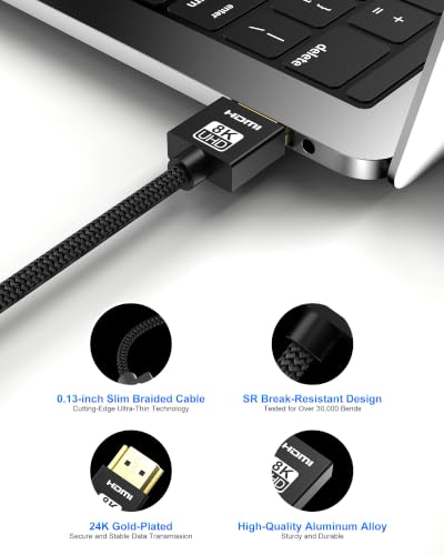Ultra Thin 8K HDMI Cables 1.5FT, Hyper Slim HDMI 2.1Cable Support 4K@120Hz 8K@60Hz eARC HDR10 VRR Dolby Vision HDCP 2.2 & 2.3 48Gbps for RTX5090 TV Monitor Projector PS5
