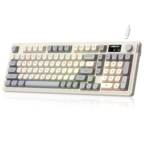 L98 Gaming Keyboard Wired, Cute Creamy Keyboard with Number Pad, Media Knob RGB Backlit, Quiet Office Computer Keyboards for PC Mac Laptop (Creamy Gray - Wired)