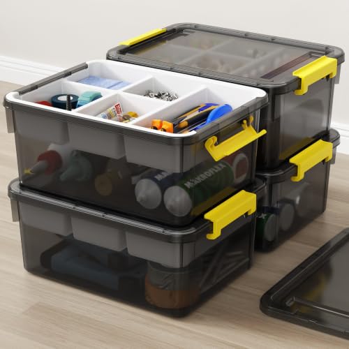 80Qt Stackable Storage Bins with Lids & Trays, Clear Plastic Latching Boxes Organizers with Dividers Portable Containers for Arts & Crafts, Home & Car Trunk Organization,Clear Grey,4Pack - color: Clear Grey, size: 20QT-4Pack