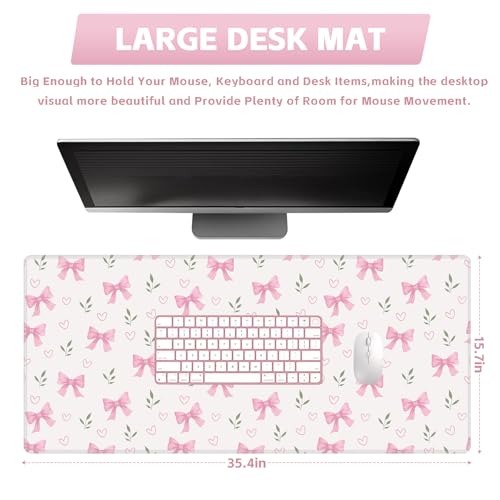 Baziabbo Pink Desk Mat,XXL Extended Big Mouse Pad,Gaming Mousepad with Stitched Edge,Non-Slip Rubber Base Keyboard Desk Pad for Home Office Study Game - color: Bowknot