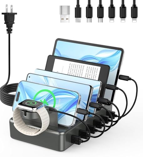 CREATIVE DESIGN 50W Fast Charging Station, 6 Port Apple Charging Station for Multiple Devices Compatible with iPhone,iPad, Tablet,Kindle ect,with 6 Short Cables and Apple Watch Holder（Space Gray） - color: Space Gray