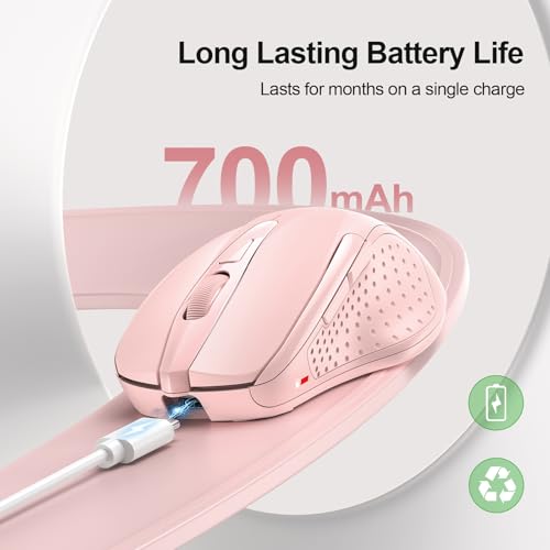 TECKNET Wireless Mouse Rechargeable, 2.4G Computer Mice with USB-A Receiver | 2.4G Connection, 800mAh Battery, 3X Faster Charging, Silent Click, 6-Level 4800 DPI, Ergonomic Design for All-day Comfort - color: Pink
