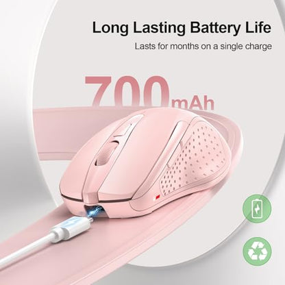 TECKNET Wireless Mouse Rechargeable, 2.4G Computer Mice with USB-A Receiver | 2.4G Connection, 800mAh Battery, 3X Faster Charging, Silent Click, 6-Level 4800 DPI, Ergonomic Design for All-day Comfort - color: Pink