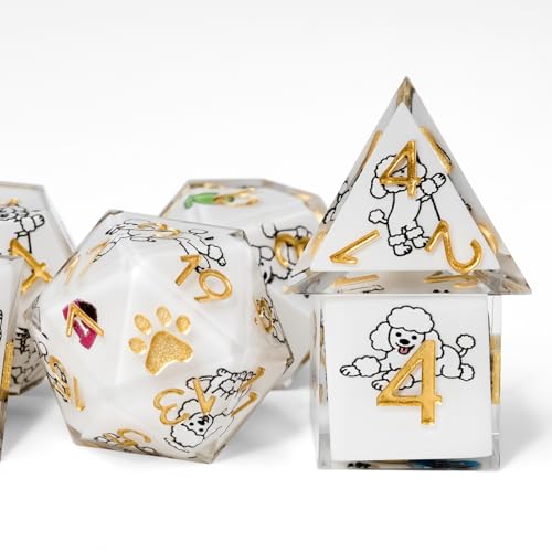 7Pcs DND Dice Set,Sharp Edge Dog Resin Dice for RPG MTG,Poodle | Polyhedral DND Dice,Smooth Polished Surface,Ideal Gift For Tabletop Role Playing Game Lovers Adults Women Men Teens - color: White, style: Poodle