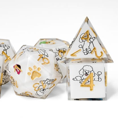 7Pcs DND Dice Set,Sharp Edge Dog Resin Dice for RPG MTG,Poodle | Polyhedral DND Dice,Smooth Polished Surface,Ideal Gift For Tabletop Role Playing Game Lovers Adults Women Men Teens - color: White, style: Poodle
