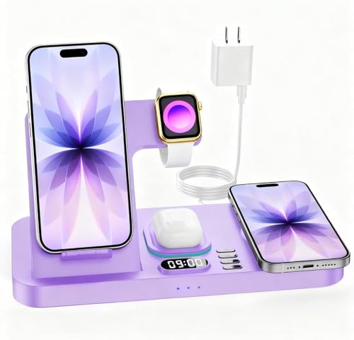 Dual Phone Wireless Charging Station for Apple Devices, Magnetic Charging Station for iPhone with Auto Switch 7-Color Light&Clock,Family Watch Charger for iPhone17 for iWatch11 for AirPods Pro3(Purple - color: Purple