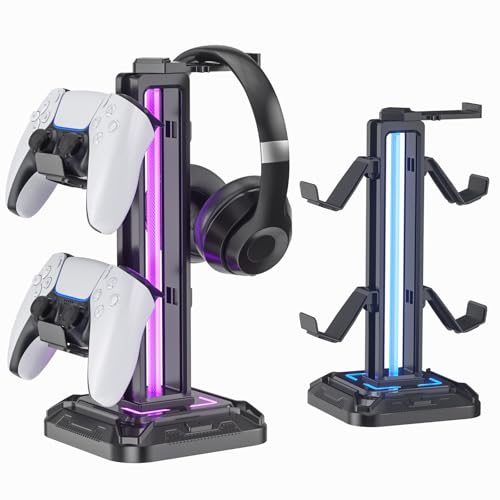 KDD RGB Headset Stand with 9 Light Modes - Controller Holder for Desk - Rotatable Headphone Stand & Detachable Controller Hook for PC Earphone Accessories(Black) - color: Black