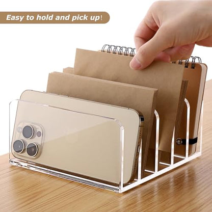 SANRUI 5 Compartments Acrylic Mail Sorter Holder, Clear Document Magazine Envelope File Rack, Vertical Letter Sorter & Multifunction Desk Organizer for Bills, Documents, Notebooks - size: 5 Compartments Rectangle