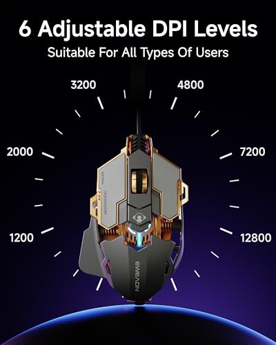 EWEADN G5 Wired Gaming Mouse with Adjustable Tail, 12800 DPI Programmable Computer Mouse with RGB Backlit, 9 Macro Buttons, Rapid Fire Key & Aluminum Base Ergonomic PC Mice for Laptop, PC-Grey - color: Grey
