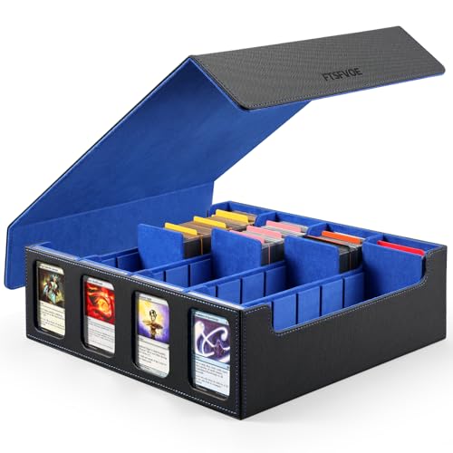 3000+ Trading Card Storage Box, 4-Row MTG Deck Box with Windows | PU leather 4-row case with 4 display windows, removable magnetic lid, 24 dividers and 4 card supports for MTG and TCG cards - color: Black&Blue, size: 3000+