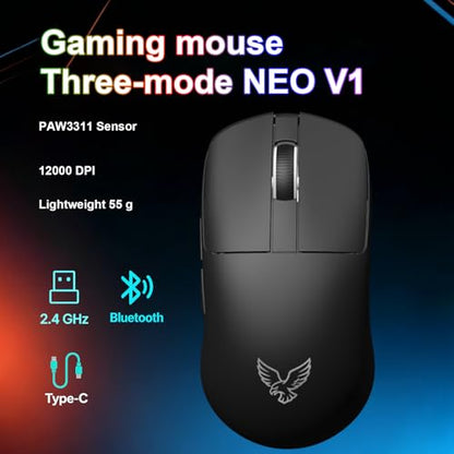 NEO V1 Gaming Mouse, Tri-Mode BT/2.4G, 55g, 12000DPI, RGB，Black - color: Black