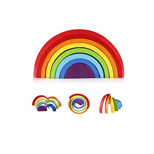 Coogam Wooden Rainbow Stacker Nesting Puzzle Blocks - Tunnel Stacking Game Building Creative Color Shape Matching Jigsaw Learning Toy Set Board Early Development for Kids Boy Girl