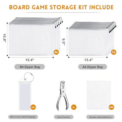 Lukeline Board Game Storage Kit with 12 Sets of Zipper Pouch Bags and Sorting Label Tabs, Board Game Organizer and storage for Board Games, Bricks, Puzzles, Toys, Craft Projects, School Supplies