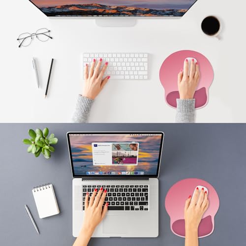 ITNRSIIET Ergonomic Mouse Pad with Wider Memory Foam Wrist Rest +17% - Curved Cushion Reduces Pressure 20%, Pain Relief, Non-Slip, Smooth, Cute Colors, 9.85 x 9 in, Pink Ombre - color: Pink Ombre