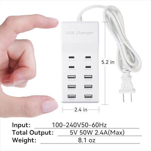 USB Power Strip Charging Station, 10-Port 6A+4C Multi Charger Block | 50W 10A Total Output, Auto-Detect Tech, Compatible with iPhone, Samsung, iPad Multi Device Home Office Travel Use