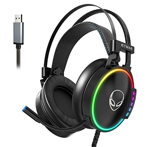 ETWAR EG100 USB Wired Gaming Headset for PC, 7.1 Surround Sound,Computer Headphones with Microphone/Mic Noise Cancelling, Video Gaming, RGB Flowing Light - for PS4, PS5,Laptop