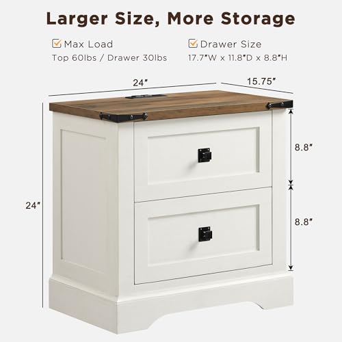 T4TREAM 24" Farmhouse Nightstand with Charging Station, Antique White | End Table, 2 Large Storage Drawers, Rustic Wood Sofa Bedside Table, Bedroom, Living Room - color: Antique White, size: 24"W*15.75"D*24"H