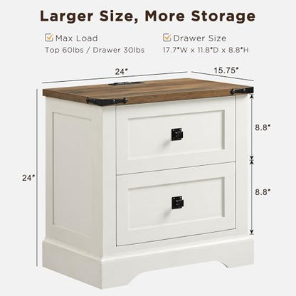 T4TREAM 24" Farmhouse Nightstand with Charging Station, Antique White | End Table, 2 Large Storage Drawers, Rustic Wood Sofa Bedside Table, Bedroom, Living Room - color: Antique White, size: 24"W*15.75"D*24"H