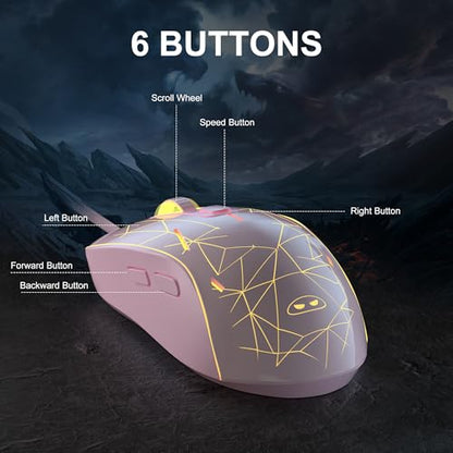 Wired Gaming Mouse, 7 Colors Breathing LED Backlit Gaming Mouse, 6 Adjustable Speeds, Ergonomic Optical Computer Mouse with 7 Buttons for Windows PC Gamers, Pink - color: Pink