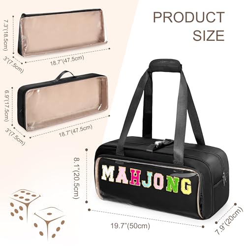Yarwo 3 PCS Mahjong Bag Empty, Clear American Mahjong Tiles & Rack Bags Set | Zippered Game Storage with Mahjong Mat Strap and Sewn Chenille Letter for Mahjong Tiles, Racks & Pushers, Case Only, Black - color: Black