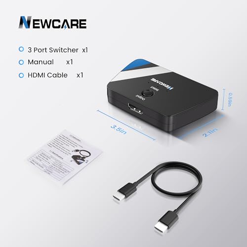 NEWCARE HDMI Switch 3 in 1 Out, 4K@60Hz HDMI Switcher with 2.6FT HDMI Cable | 3-Port HDMI Splitter Selector, HDR, HDCP 2.2, 3D, Compatible with PS5/4, Xbox, Switch 2, Fire TV Stick, HDMI 2.0, Plug & Play