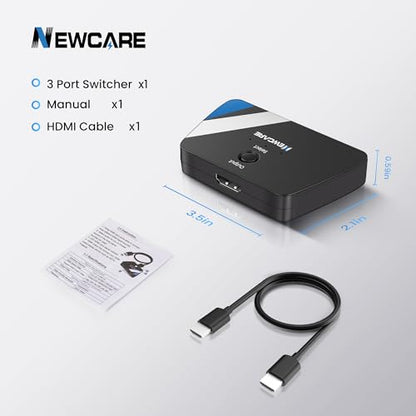 NEWCARE HDMI Switch 3 in 1 Out, 4K@60Hz HDMI Switcher with 2.6FT HDMI Cable | 3-Port HDMI Splitter Selector, HDR, HDCP 2.2, 3D, Compatible with PS5/4, Xbox, Switch 2, Fire TV Stick, HDMI 2.0, Plug & Play