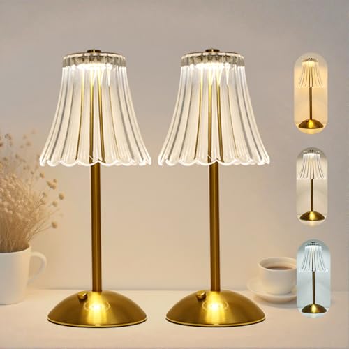 2 Pcs Cordless Rechargeable Table Lamp, Touch Dimming, 3 Color Modes | 5000mAh Battery Power, Stepless Dimmable, Crystal Table lamp for Bedroom/Bar/Kitchen/Outdoor/Desk, Home Décor Gift - color: Retro Golden, size: 10.12Inch-2Pc