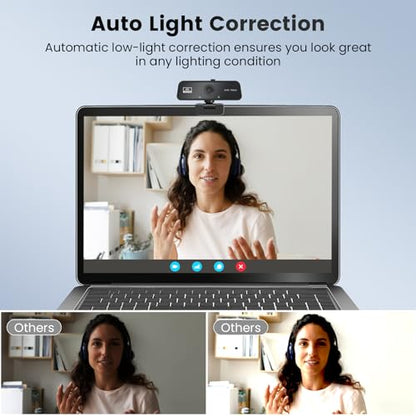 4K Webcam for PC & Mac with USB-C Adapter, 90° Wide-Angle Computer Camera with Microphone, Auto Light Correction, 360° Rotating Plug-and-Play Webcam for Zoom and Teams