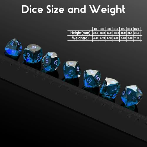 Crystal Multifaceted Polyhedral Dice Set 7 PCS for DND, RPG Tabletop Gaming, Collectors | Tinbox Packing, Gemstone Effect Dice (Sapphire) - color: Sapphire