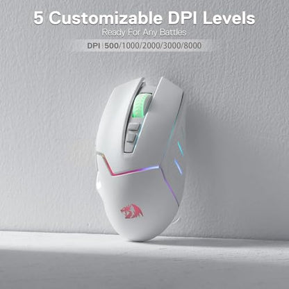 Redragon M690 PRO Wireless Gaming Mouse, 8000 DPI Wired/Wireless Gamer Mouse w/Rapid Fire Key, 8 Macro Buttons, Ergonomic Design for PC/Mac/Laptop, White | Cable-Free 0 Delay, Smooth Precise Tracking, Rapid-Fire Macro Keybinds, Vibing Backlight, Ergonomic