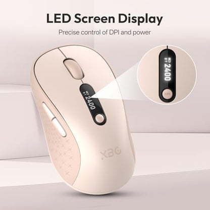 XBG B15Pro Tri-Mode Wireless Bluetooth Mouse with LED Display for Laptop | Bluetooth 5.0/4.0 & 2.4G, 2400 DPI, 500mAh Type-C Rechargeable, Ergonomic Silent Click, Multi-Device for PC Tablet Office - style: B15 Pro-Pink