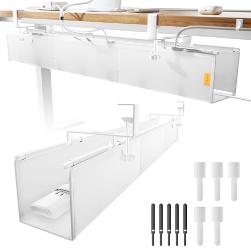 39" No Drill Under Desk Cable Management Tray (White) | Fire-Resistant Thickened Nylon Material, Clip-on Cord Organizer to Hide Power Strip, Heat Dissipation Mesh Design, for Office - color: White, size: 39inch