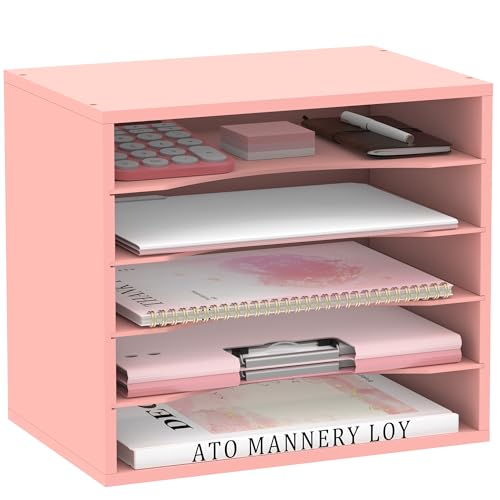 5 Tier Wood Desk Organizer, Mail Sorter and Paper Organizer for Desk, Pink | Wooden Desktop Organizer for Sorting Papers, Letters and Mails, Literature Organizer for Home Office, Classroom Organization - color: Pink, size: 13.4" x 9.1" x 12", style: 5 Com