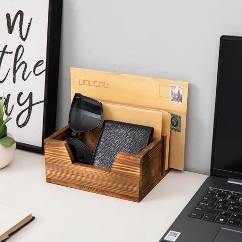 Rustic Brown Wooden Mail Organizer Key Holder Entryway Table Office Desk Multiple Letter Trays Daily Essentials Storage Bin Solid Wood Letter Document File Rectangular Sorter Accessories Home