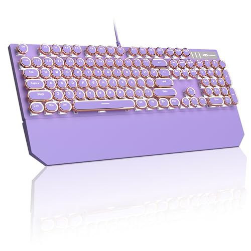 MageGee Typewriter Mechanical Gaming Keyboard, Retro Punk Purple Round Keycaps, 104 Keys LED White Backlit Wired Keyboards for Laptop MAC PC Gamer, with Magnetic Wrist Rest, Blue Switch - color: Purple