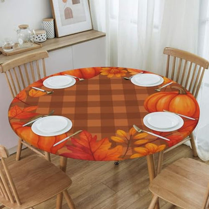 Famame Autumn Pumpkins Wreath on Plaid Round Fitted Tablecloth with Elastic Protector Table Kitchen Dinner Waterproof Oil-Proof Table Covers Fits 40"-44", Small - color: Autumn Pumpkins Wreath, size: Small (40"-44")
