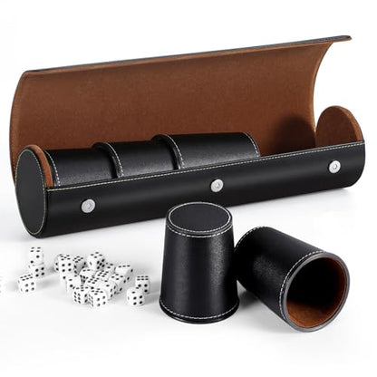 Leather Dice Cup Set, 5 Black Dice Cups, 25 Dice with Storage Travel Case | PU leather dice set with 5 felt-lined cups, 25 dice and storage case for Liar’s Dice, craps, backgammon and party games - color: Black