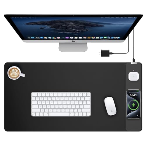 TopMade Mouse Pad with 15W Wireless Charging, Waterproof Gaming Mousepad with Ultra-Smooth Surface, Non-Slip Base, 31.5"x15.75" XXL Large Desk Pad (Includes 20W PD Power Adapter & 6.56ft Woven Cable) - color: Black Right With Adapter