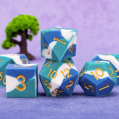 DND Silicone Rubber Polyhedral Dice,Sharp Edges D&D Dice Set 7pcs (D4, D6, D8, D10, D12, D20, D%) for Dungeons and Dragons, RPG, MTG for Ages 15 and Up - color: Royal Blue White Sky Blue