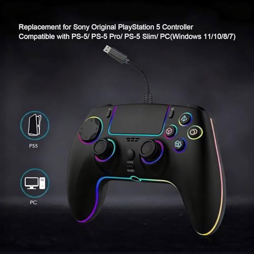 RGB Wired Game Controller for PlayStation 5 Replacement Gamepad with Hall Effect Trigger for PS-5 & Windows PC Double Vibration Motion Sensing Joystick Remote Joypad with Turbo,Macro Mapping (Black) - color: Black