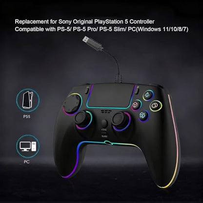 RGB Wired Game Controller for PlayStation 5 Replacement Gamepad with Hall Effect Trigger for PS-5 & Windows PC Double Vibration Motion Sensing Joystick Remote Joypad with Turbo,Macro Mapping (Black) - color: Black