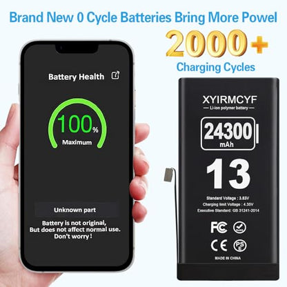 XYIRMCYF 24300mAh Super Capacity Battery Compatible with iPhone 13, 0 Cycle Li-Polymer Replacement Battery for iPhone 13, with Professional Repair Tool Kit - color: 13-24300